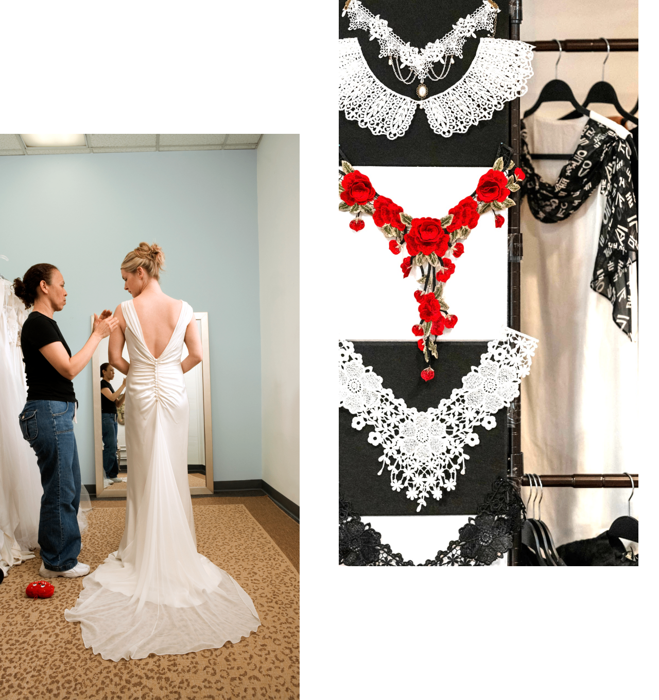 Bride in fitting room, lace collars displayed.
