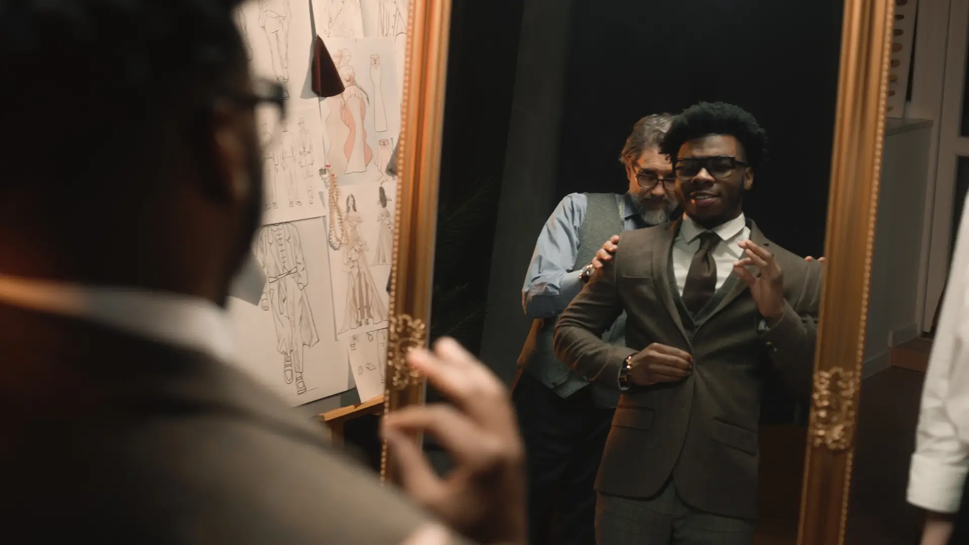 Man in suit being fitted by tailor.