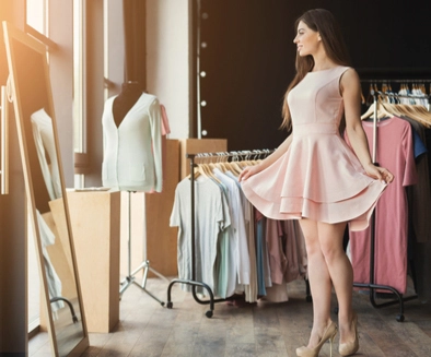 Woman trying on dress in clothing store.